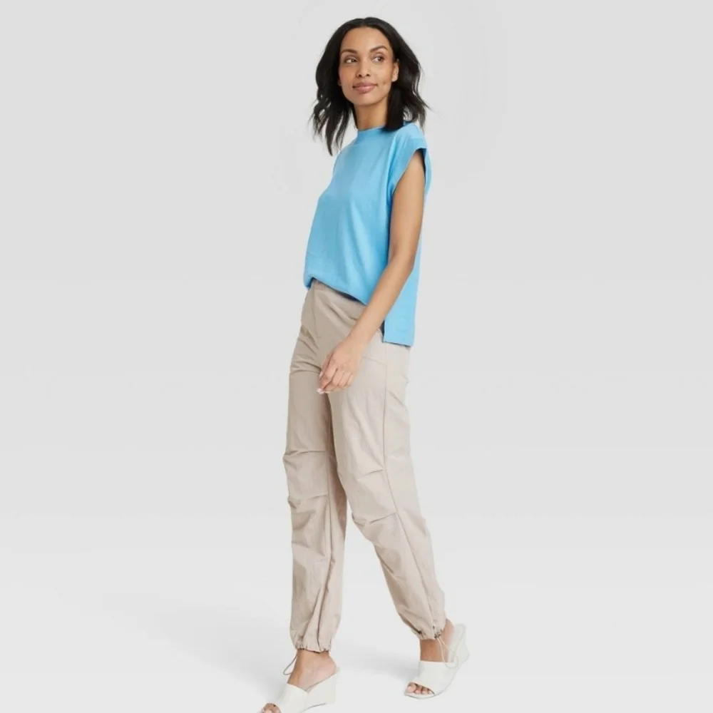 Women's Straight Relaxed High Rise Ankle Parachute Pants Tan 14 A New Day - Picture 3 of 9
